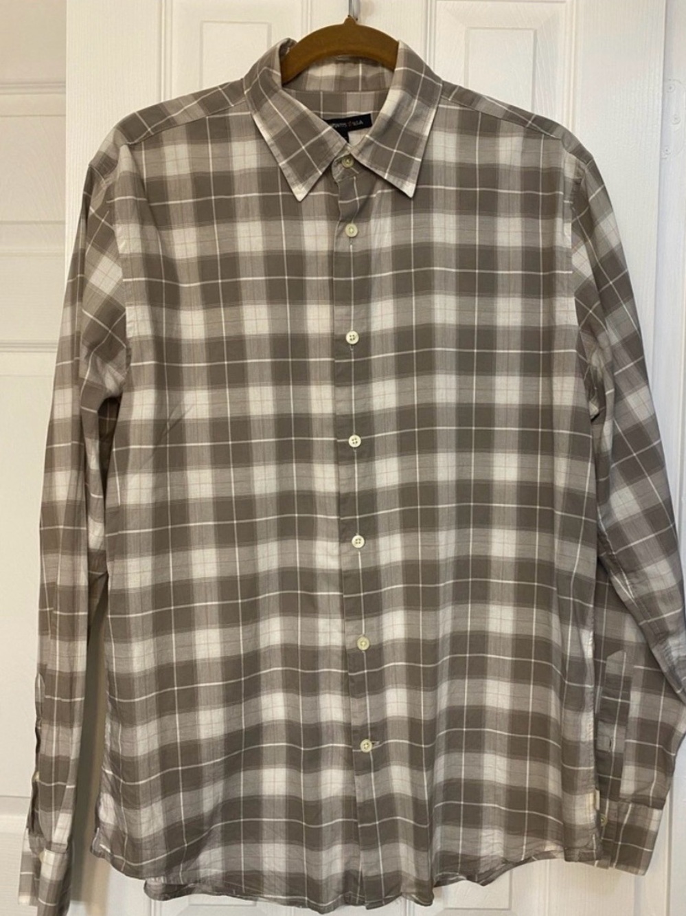 John Varvatos USA Shirt Men M Grey Brown Plaid  Long Sleeve Button Casual Fall